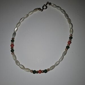 Vintage Carved Shell Pearl Bracelet/Anklet With Small Jade & Red Coral